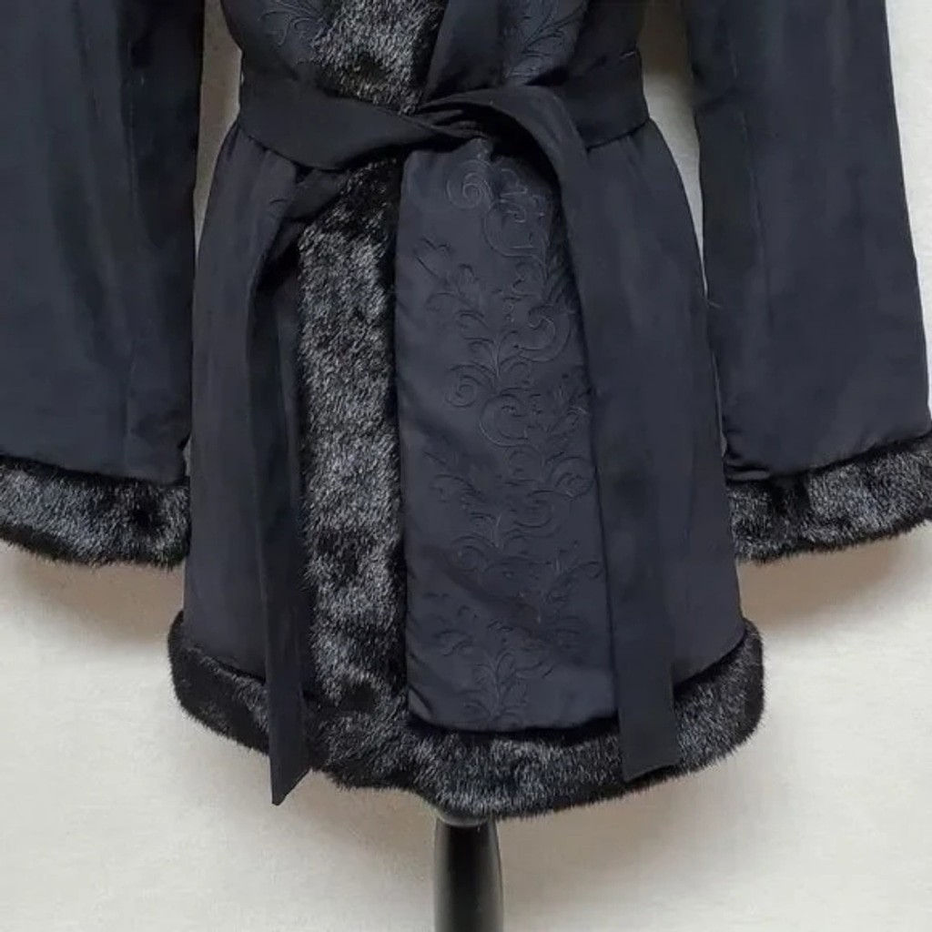 80s Vintage Extra Point by Reference Point Black Faux Suede Faux Fur Belted Coat