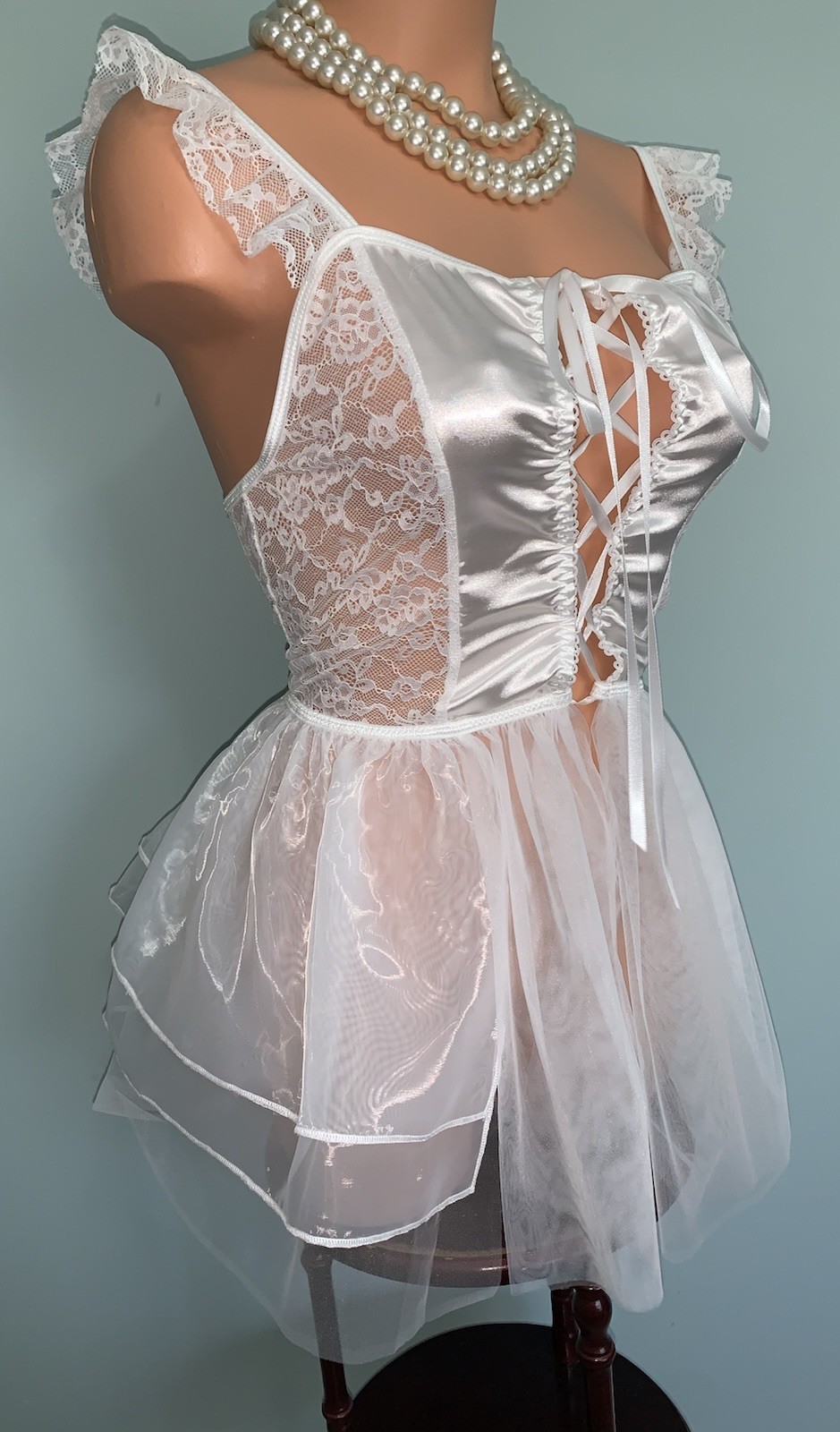 NEW SHEER 3 layer Chiffon Bridal Nightie Negligee XL Satin Bow Ribbons TuTu