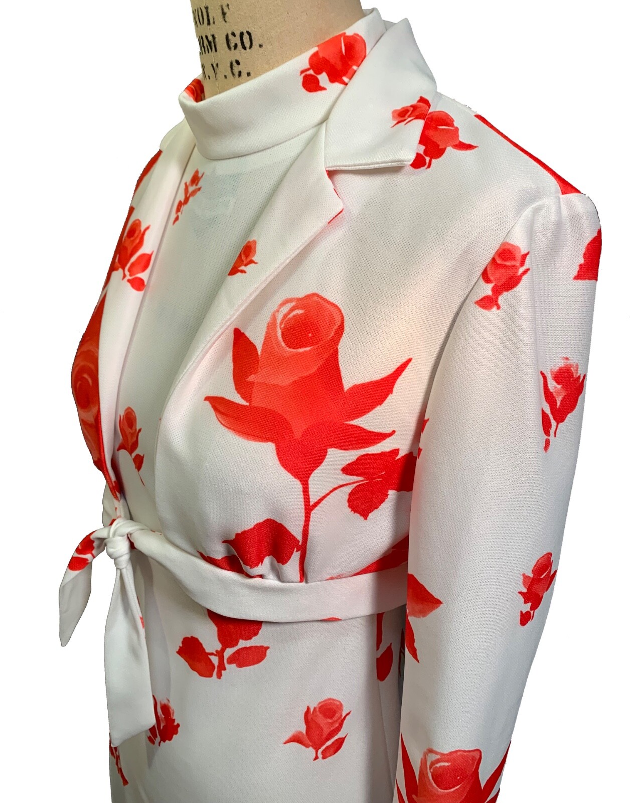 Vintage Pop Art White Polyester Gown with Red Roses – 2-Piece Ensemble – Sz S