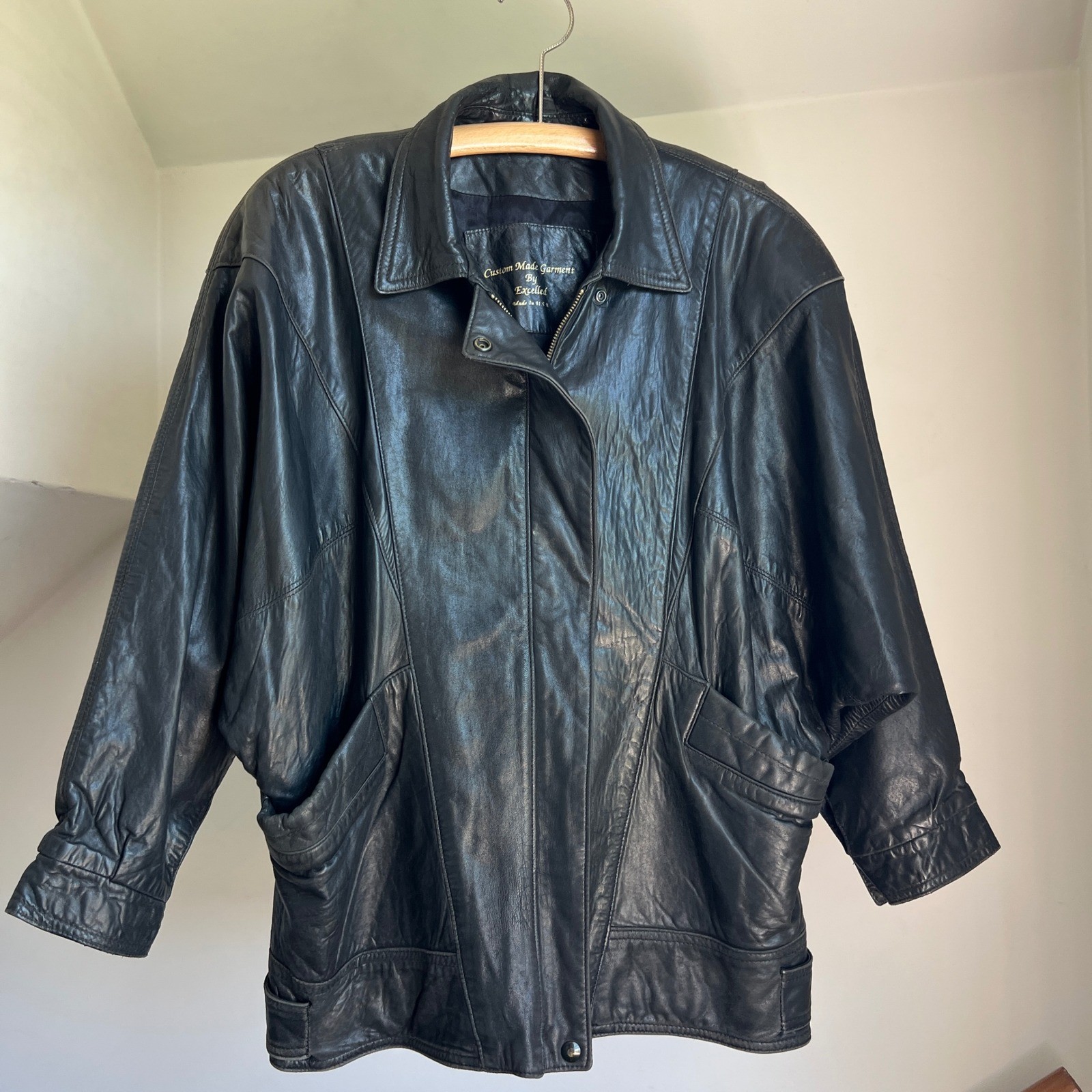 Vintage 80s Leather Jacket Black Biker Moto Dolman Sleeve Batwing Oversized USA