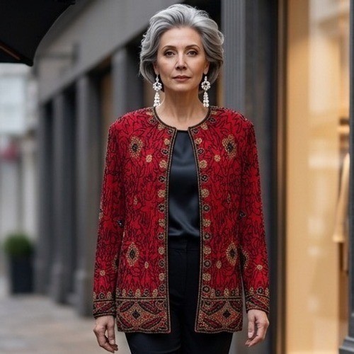 Papell Boutique Vintage Red Silk Beaded Sequin Jacket XL Eclectic Grandmacore