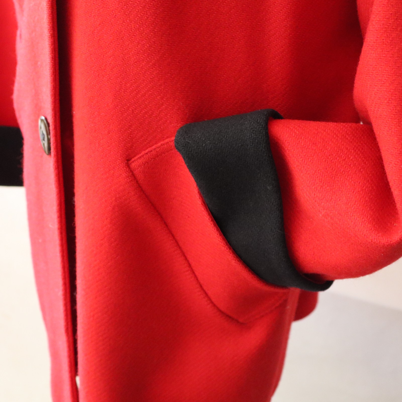 Vtg 1950s Virgin Wool Pendleton Mid Length Coat Red w Black Collar Sz Lg? USA!