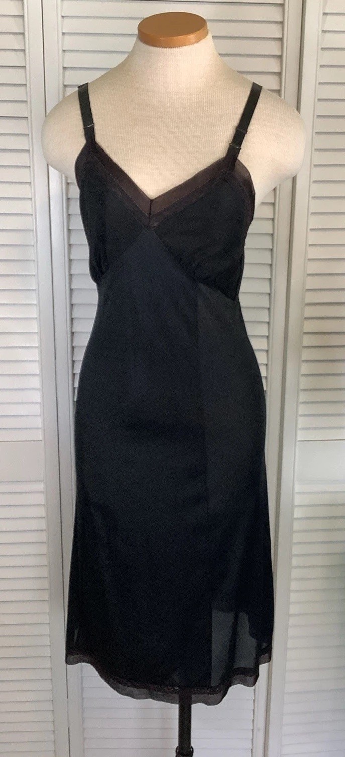 Philmaid Vintage 60s Black Nylon Chiffon Full Slip Dress Size 34 Nightgown