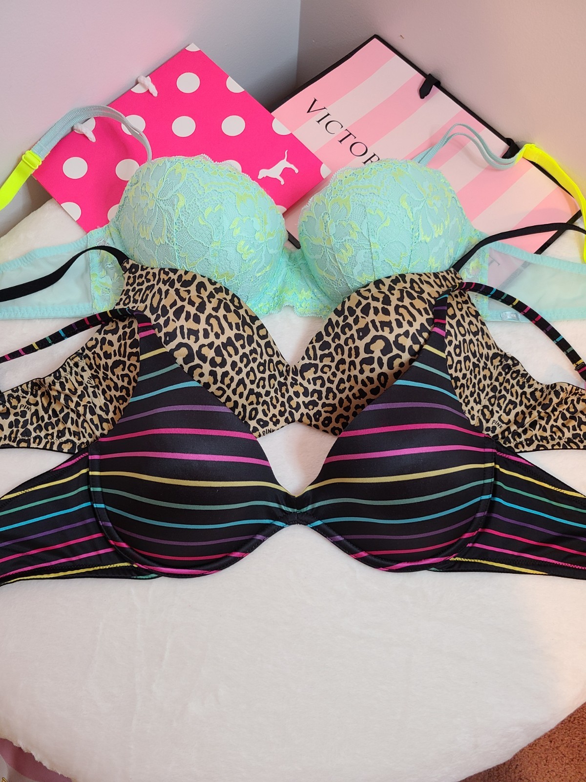 3pk Y2K Vintage VS PINK Push-up Bras Size 36C Rainbow Multi