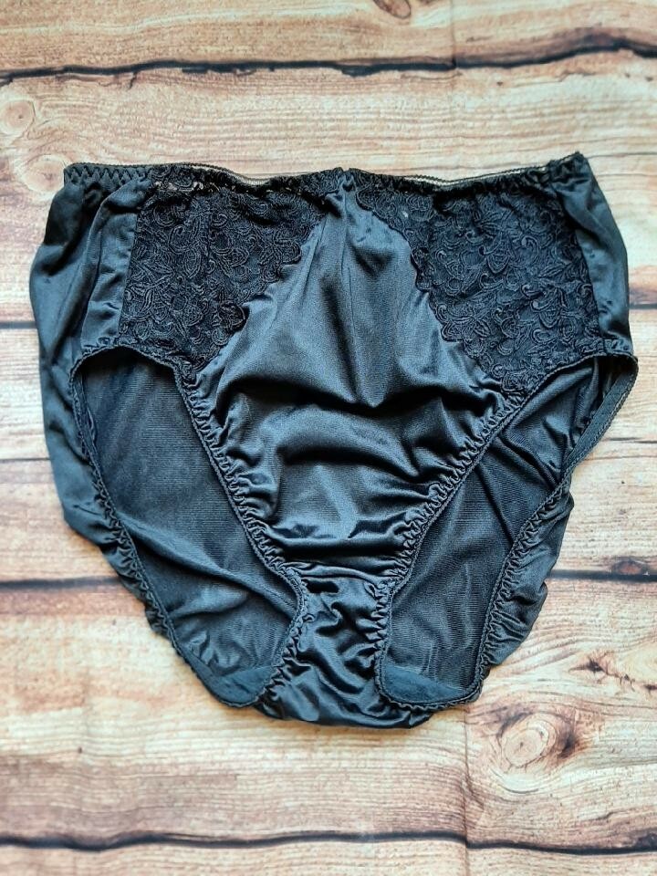Vintage Wacoal Black Hi Cut Brief Panties Lace Second Skin Satin Sz Small