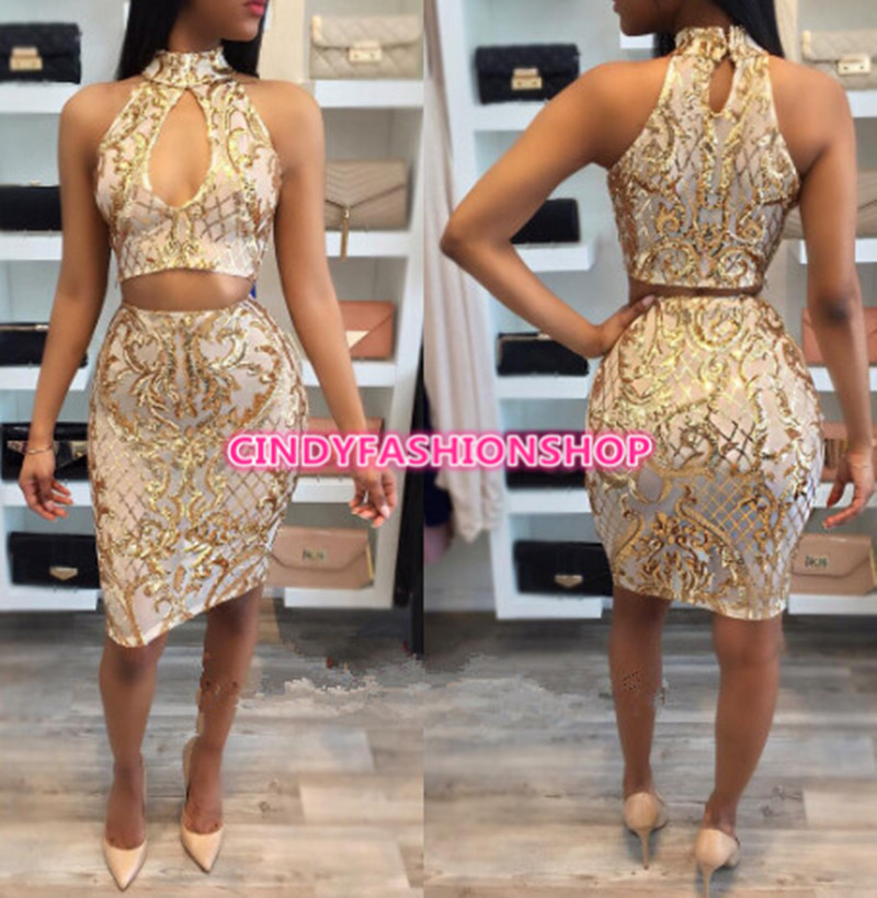 USA Fashion Women Sexy Sequin Embroidered 2 PC Set Key Hole Crop Top+Skirt