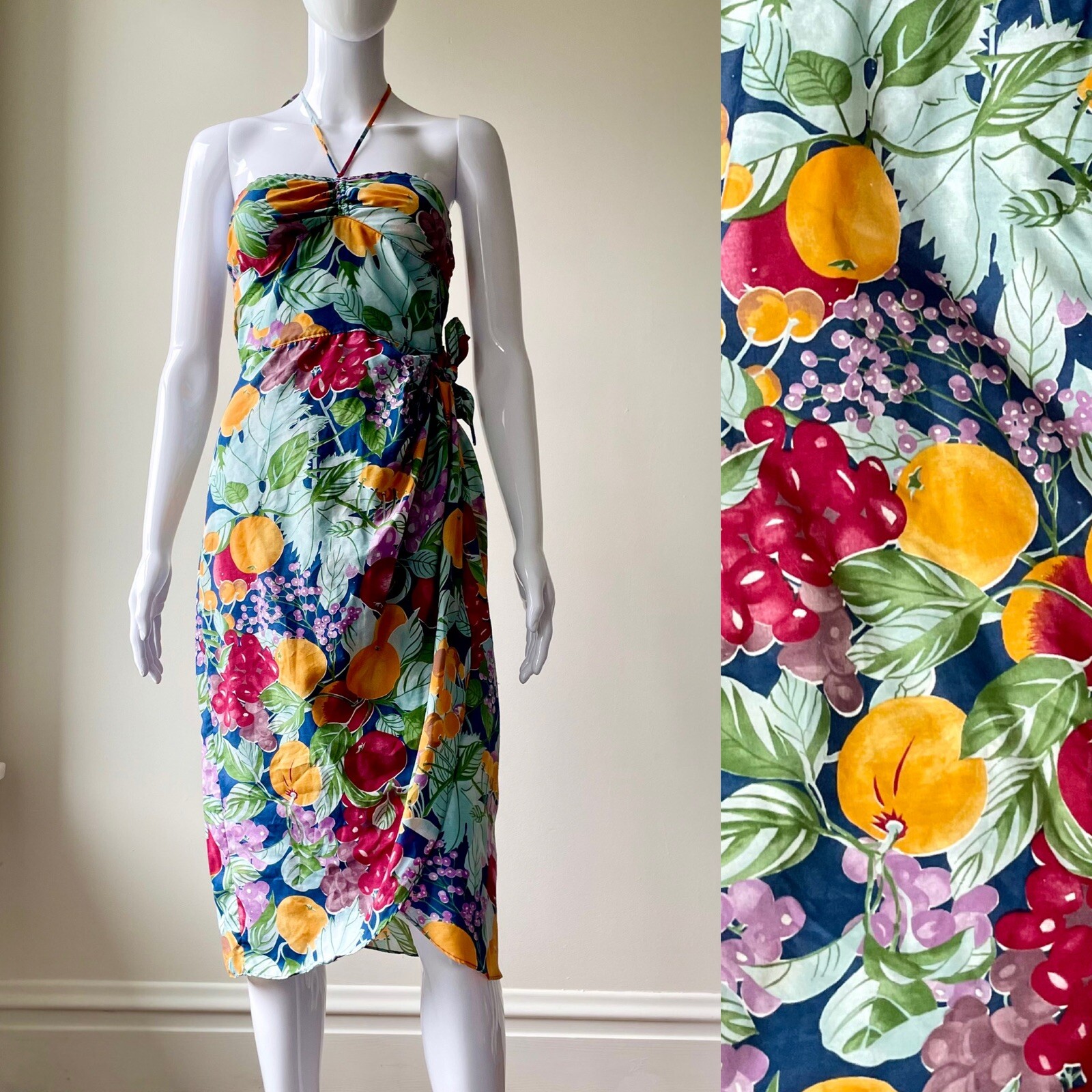 Vintage Dress Fruit Print Halter Plain Jane Sarong Hawaiian