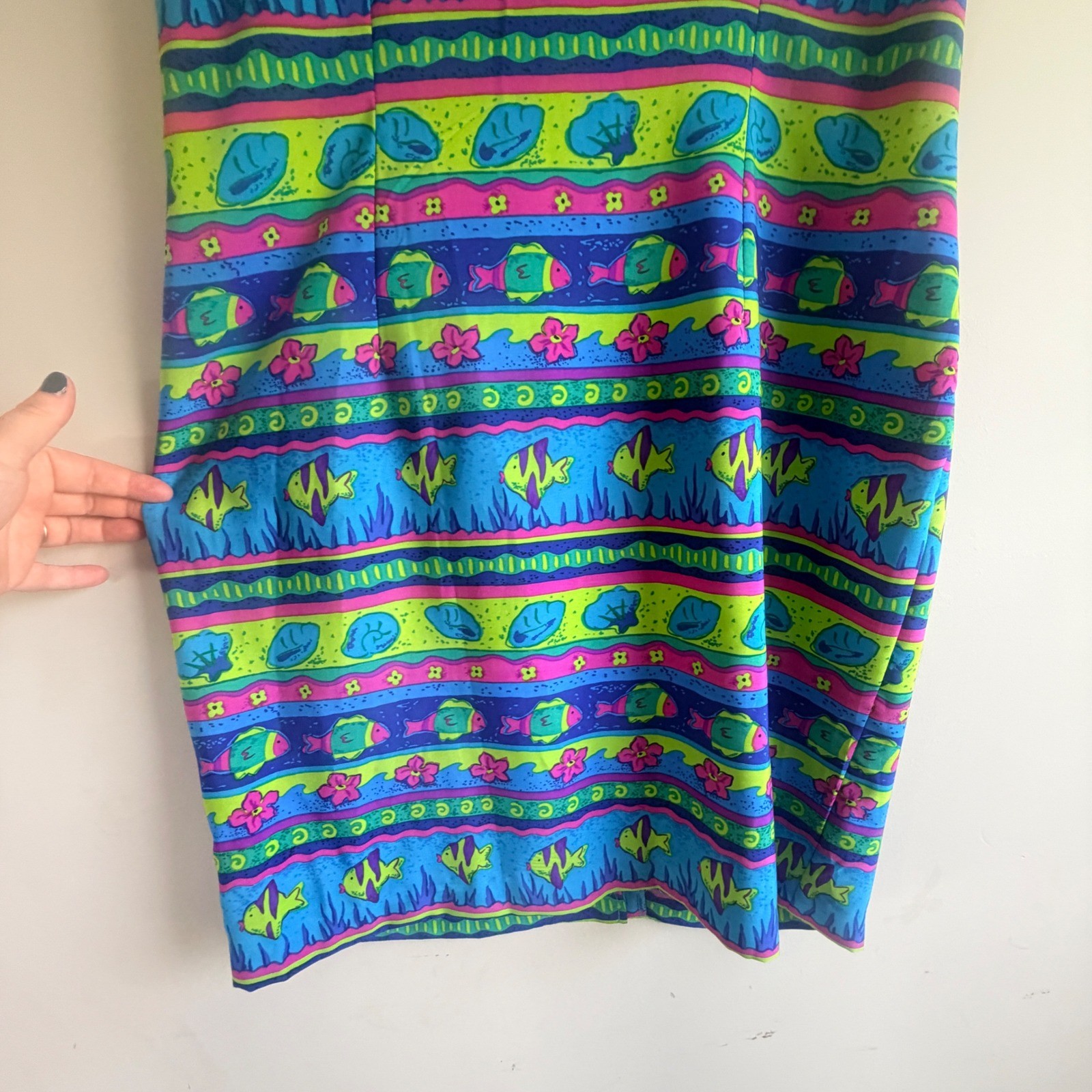 VTG Sag Harbor Fish Statement Sun Dress Womens 16 Artsy Tropical Eclectic Costal