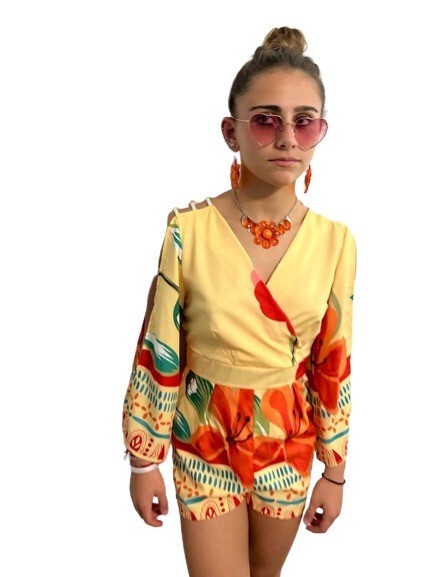 Short Romper Yellow Flower Fantasy Size S Small long Sleeves Wood Beaded Accents