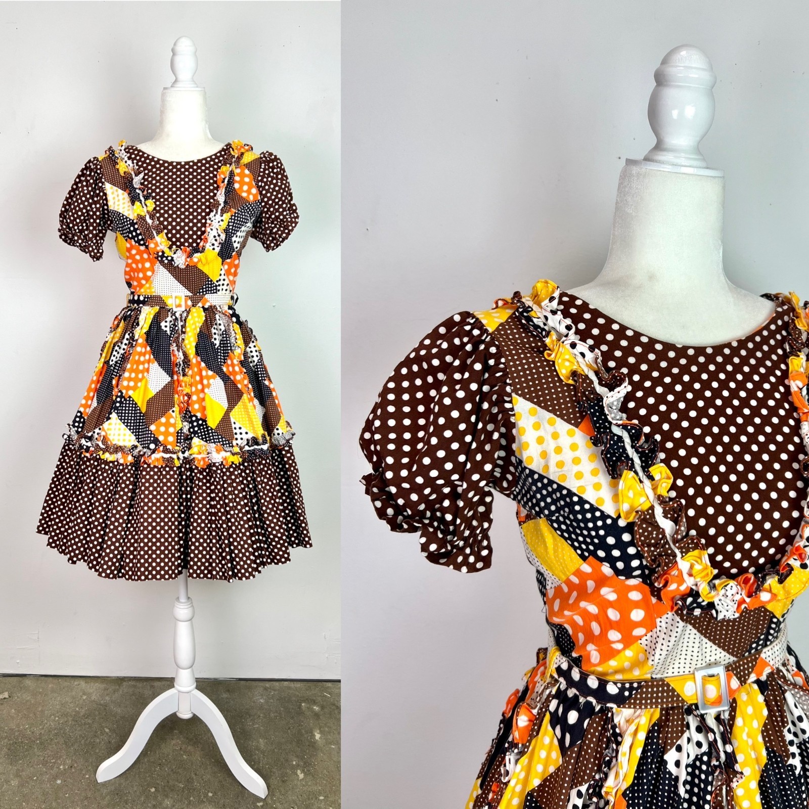 Vintage Brown Orange Yellow Polka Dot Patchwork Square Dancing Dress – Size XS