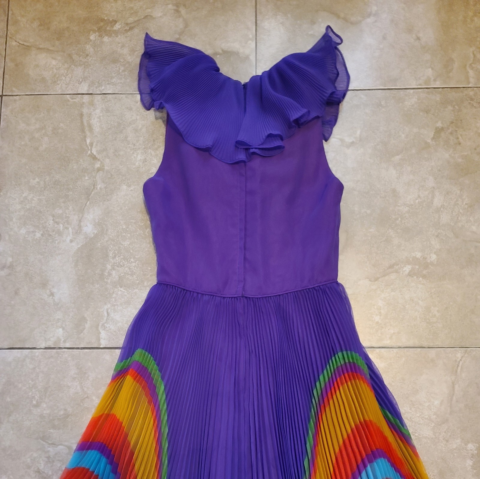 VTG Chiffon Pleated Rainbow Stripe Purple Maxi Dress Ruffle Collar V Neck UV Glo