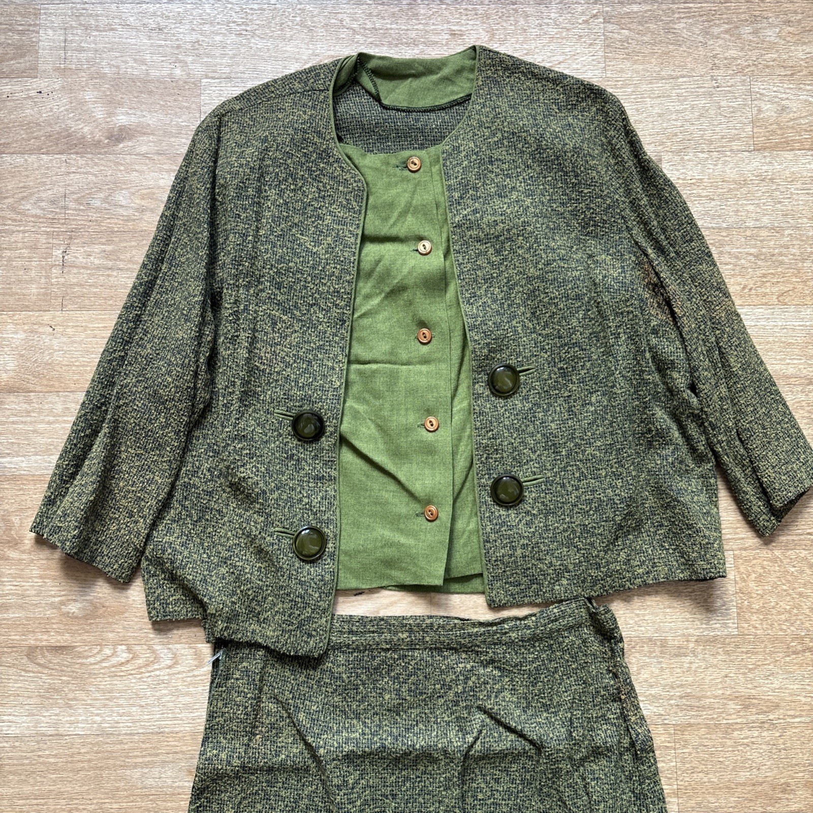Vintage 1960’s Olive Green Tweed Long Straight Skirt 3 Piece Jacket Blouse M 60s