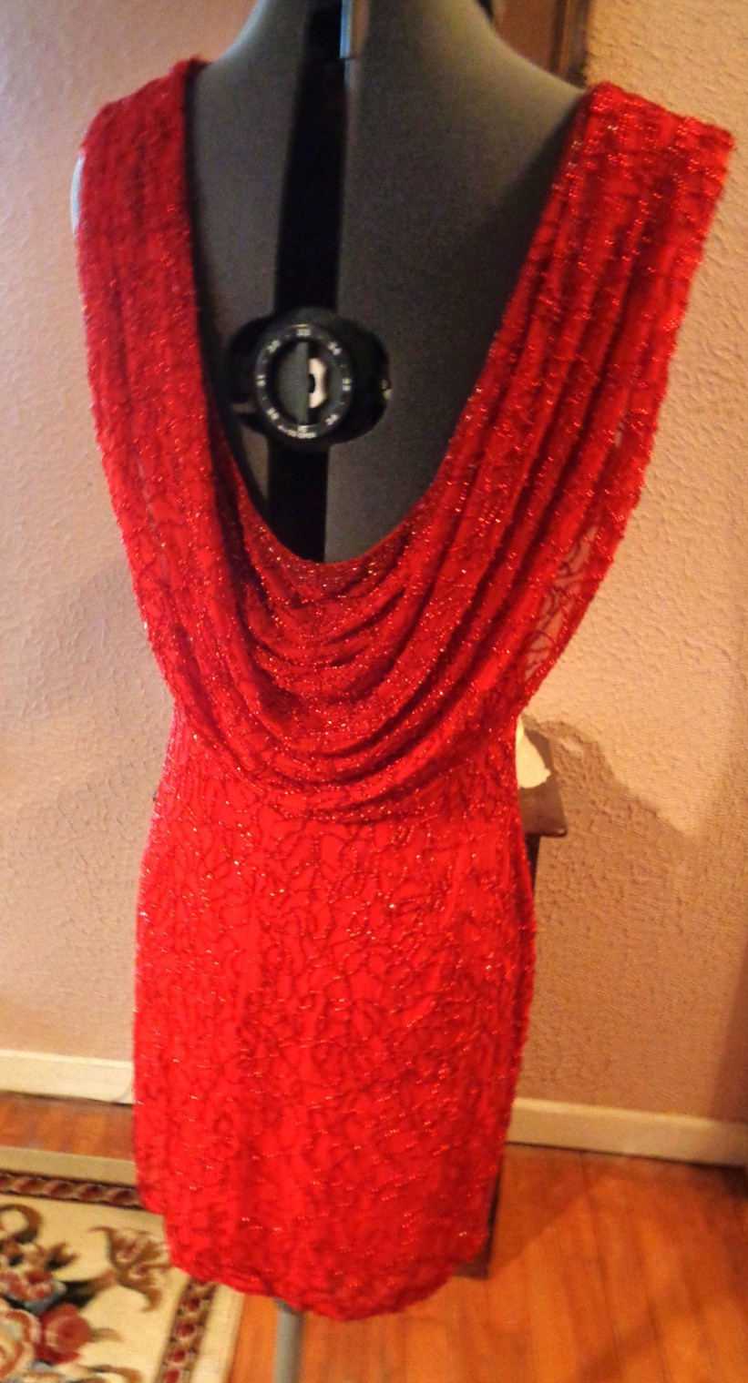 Vintage BLACK TIE OLEG CASSINI Red Beaded DRESS Draped Back – 6