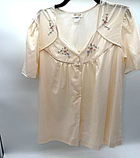 Vintage Barbizon Cotton Bed Jacket Light Peach Women&rsquo;s sz L Embroidered Flowers