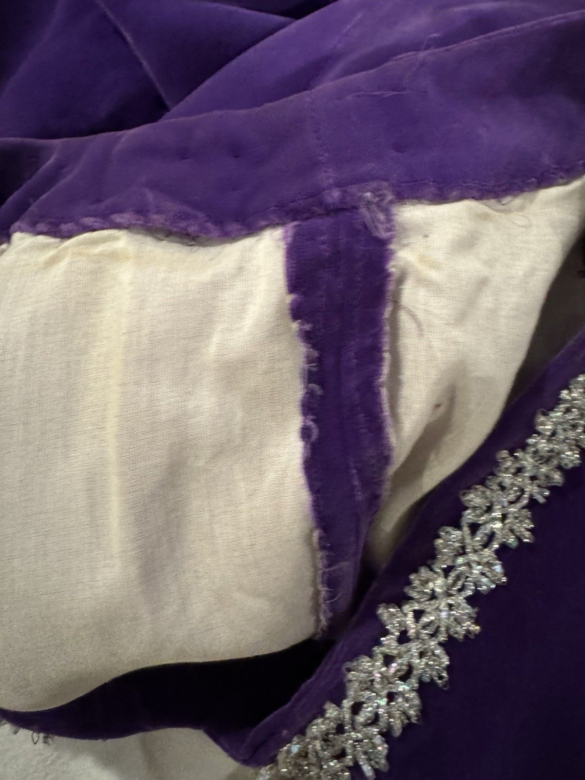 Vintage Purple Velvet Hostess Gown Silver Trim Maxi Caftan Stage Dress