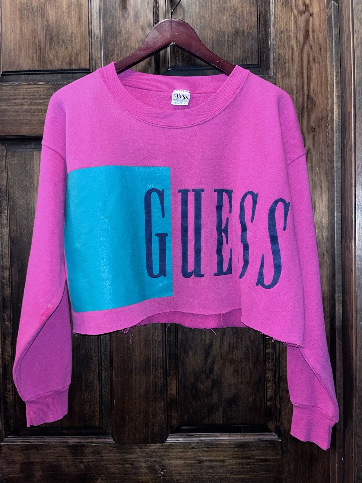 VINTAGE 80’s GUESS GEORGE MARCIANO Pink Crop SWEATSHIRT One Size MADE USA Y2K