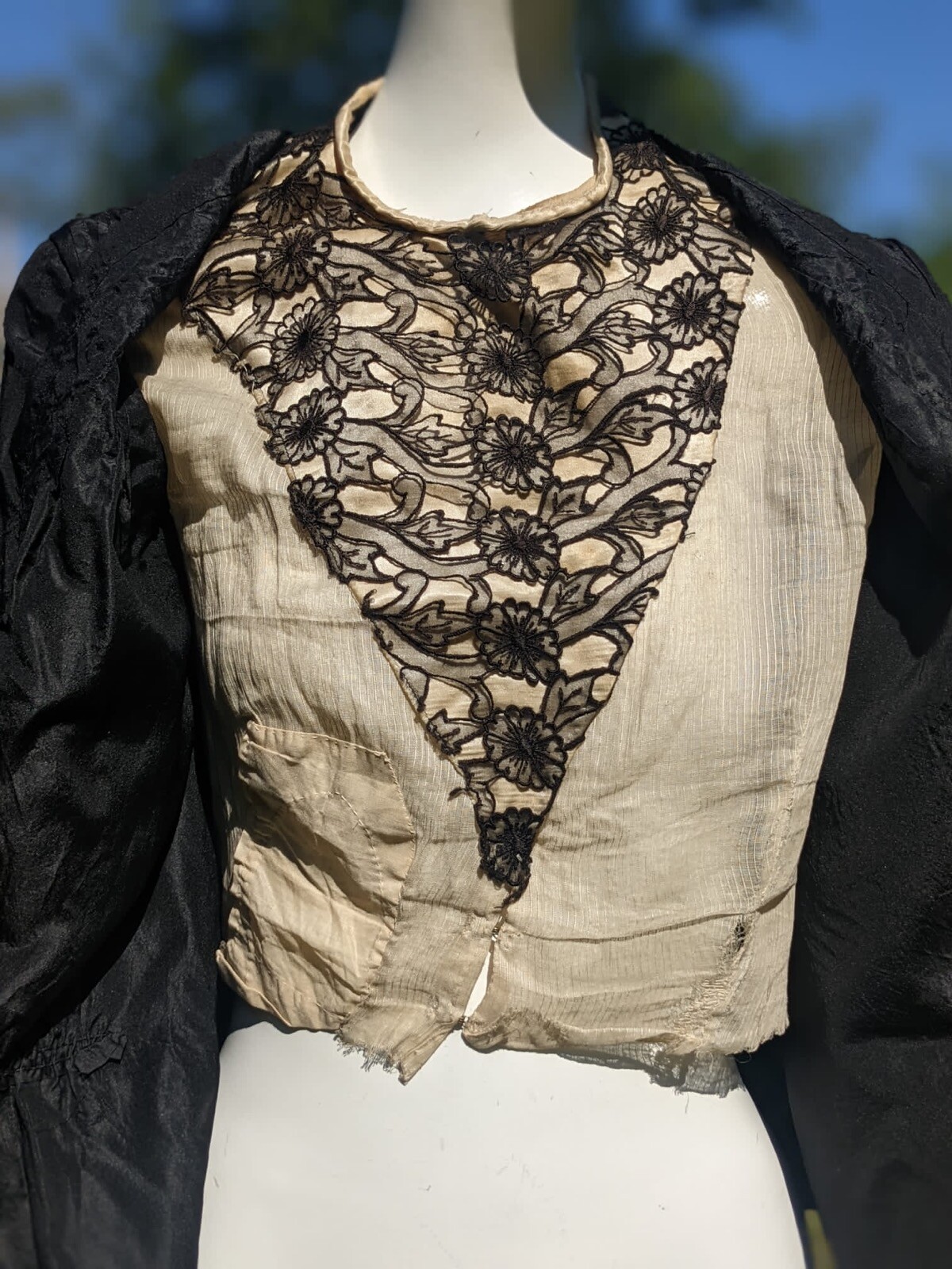EDWARDIAN BLACK SILK TAFFETA JACKET W EMB FLORAL CUTOUT BLACK CHIFFON