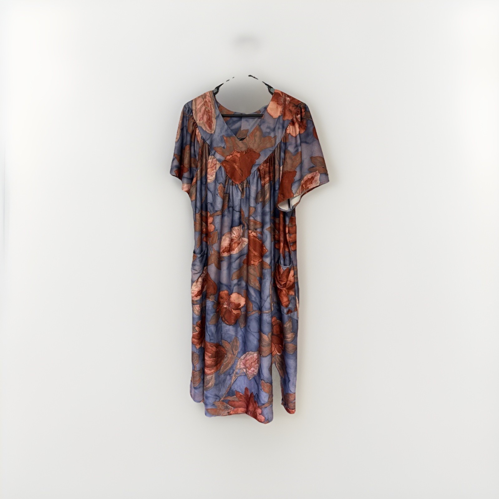 Vintage 70&rsquo;s brown & blue floral Pull Over MUMU XL 2XL house dress boho RETRO
