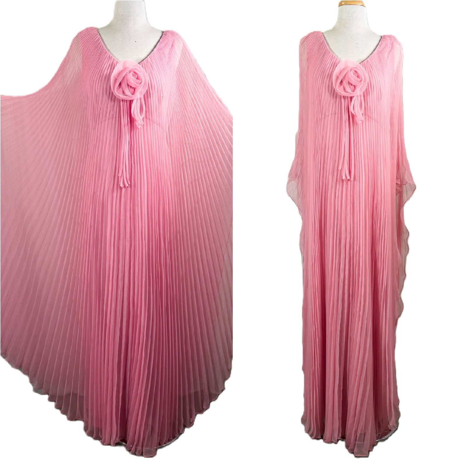 Vintage Miss Elliette Cape Pleated Maxi Dress, Pink Goddess Dress