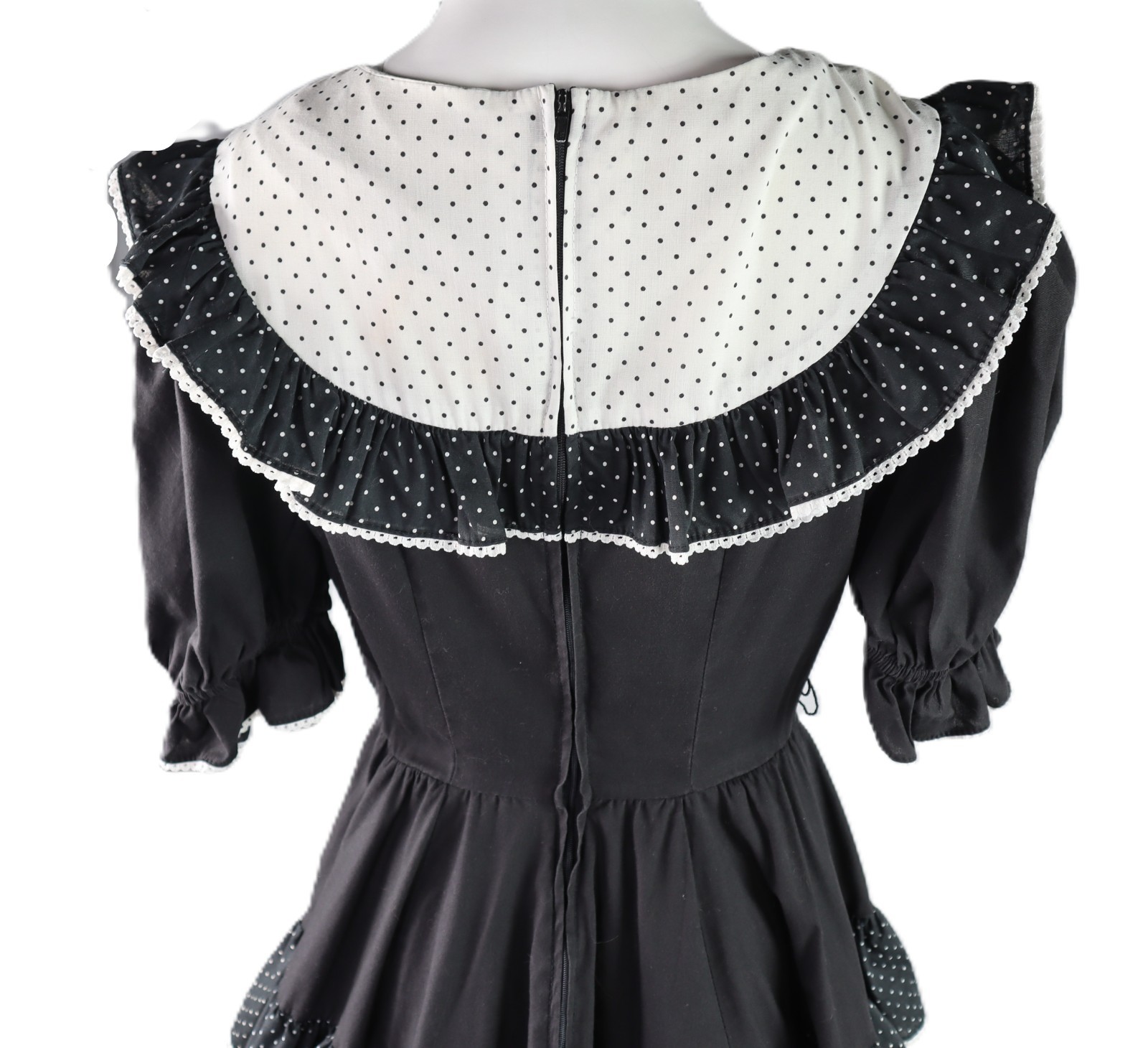 VTG 60s 70s Jeri Bee USA 0 2 XS Square Dance Prairie Polka Dot Knee Dress Black
