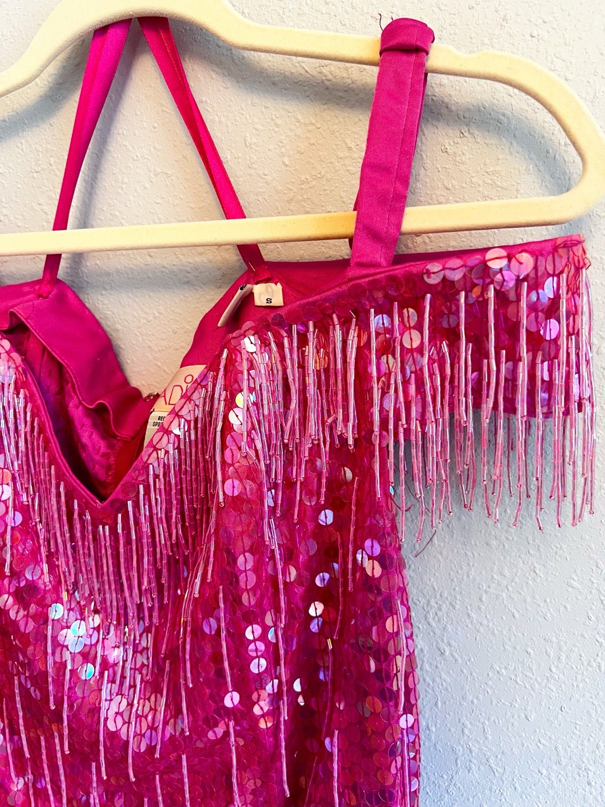 Vintage Nadine Bright Pink Sequins Beaded Fringe Off The Shoulder Dress