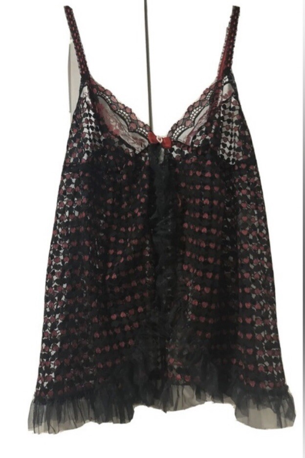VTG Shirley Of Hollywood Sheer Lace Black W/Red Hearts Lingerie Set M