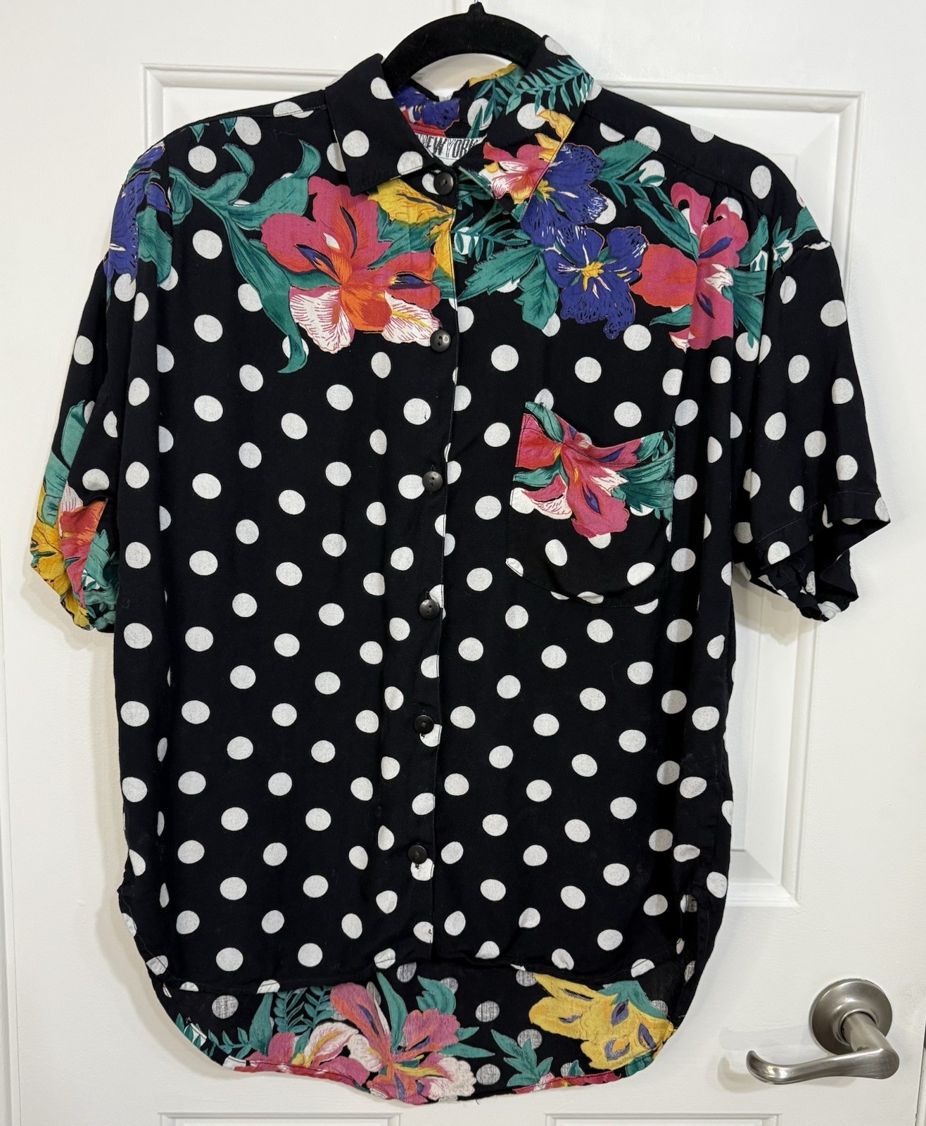 VTG 80s 90s Hot Gossip New York Short Sleev Blouse Polka Dots Flowers Black Sz L