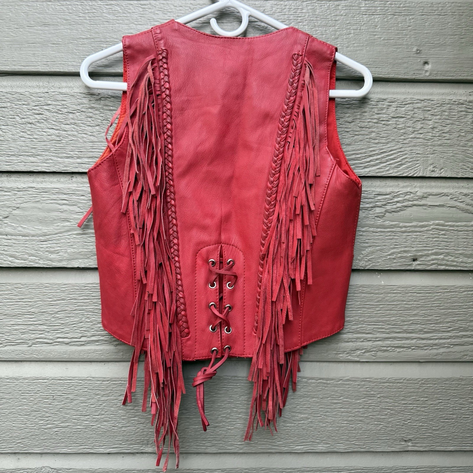 Vintage Antelope Creek Women’s 2XS Red Leather Fringed Vest, Lined, Pockets GUC