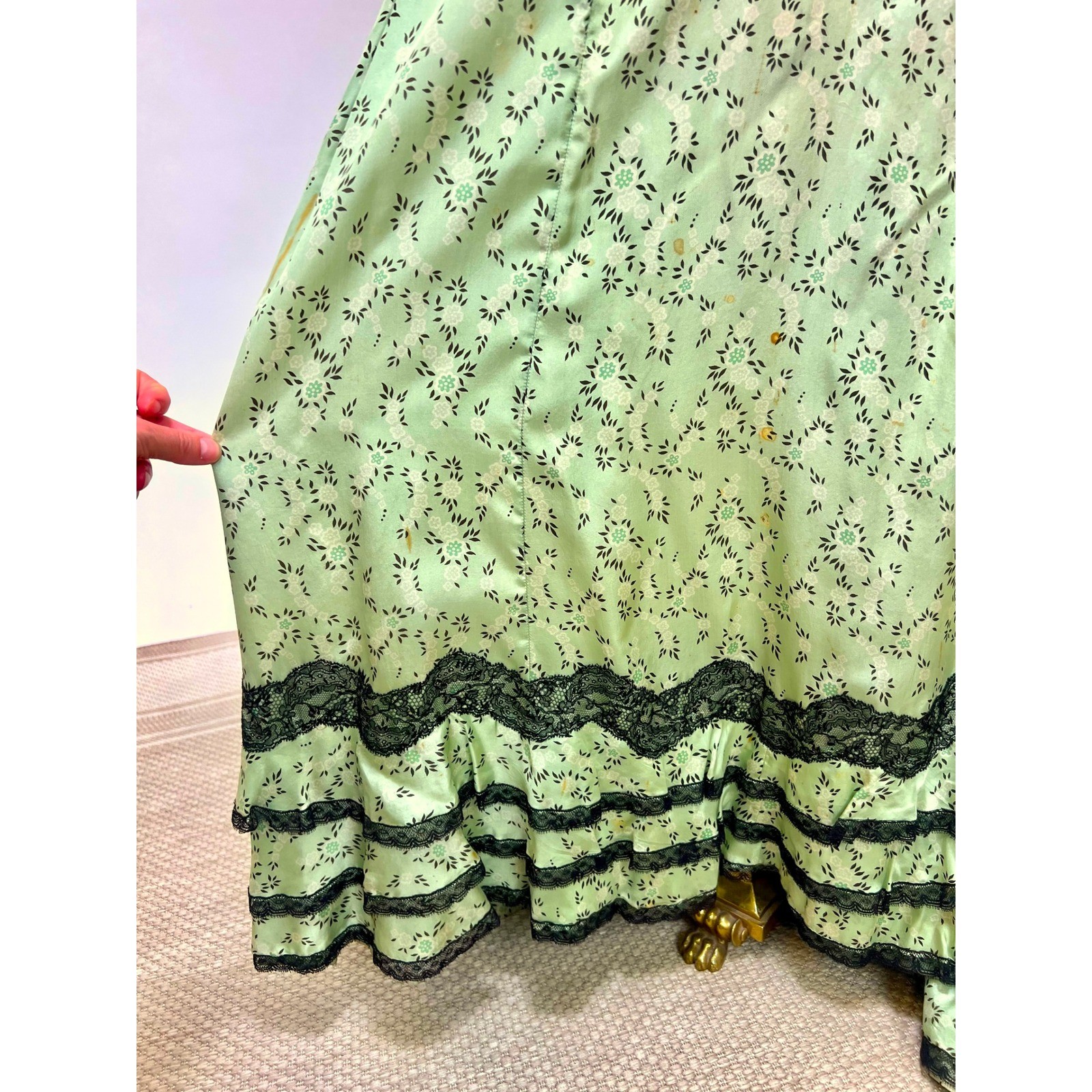 Antique Victorian Mint Green Printed Silk Two Piece Floral Skirt Set Black Lace