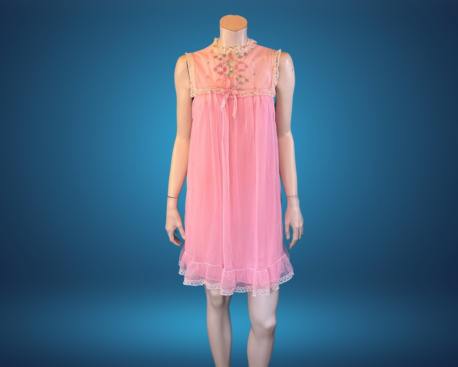 1960s Pink Sheer Nylon Babydoll Embroidered Lace Nightgown | S