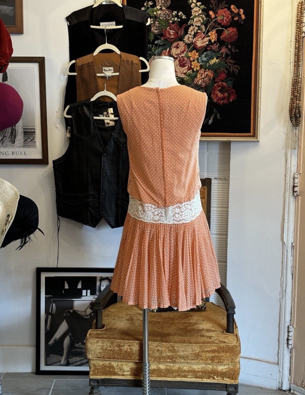 Vintage 60&rsquo;s Orange Polka Dot Dress Cotton Drop Waist Lace Size Small Medium