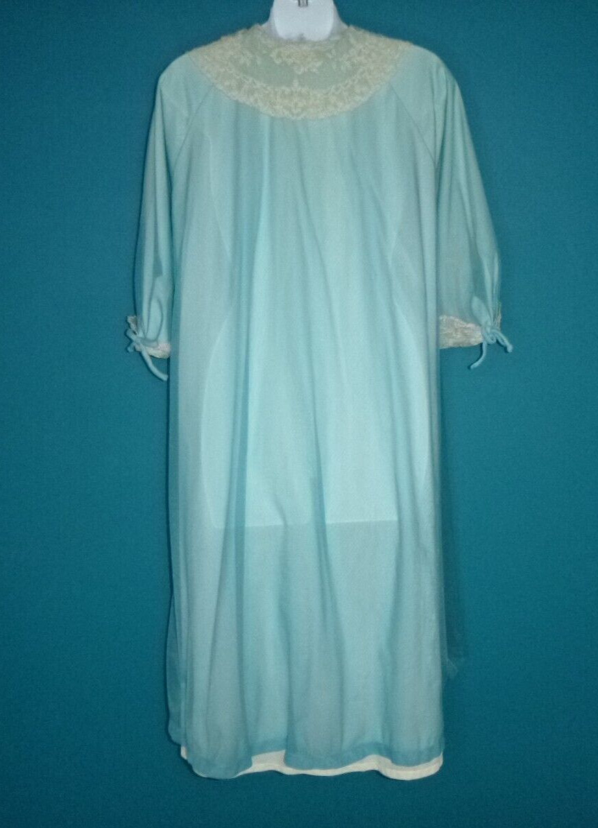 Vtg 50s Odette Barsa 2 Layer Chiffon Over Nylon Robe Turquoise Off White Sz M