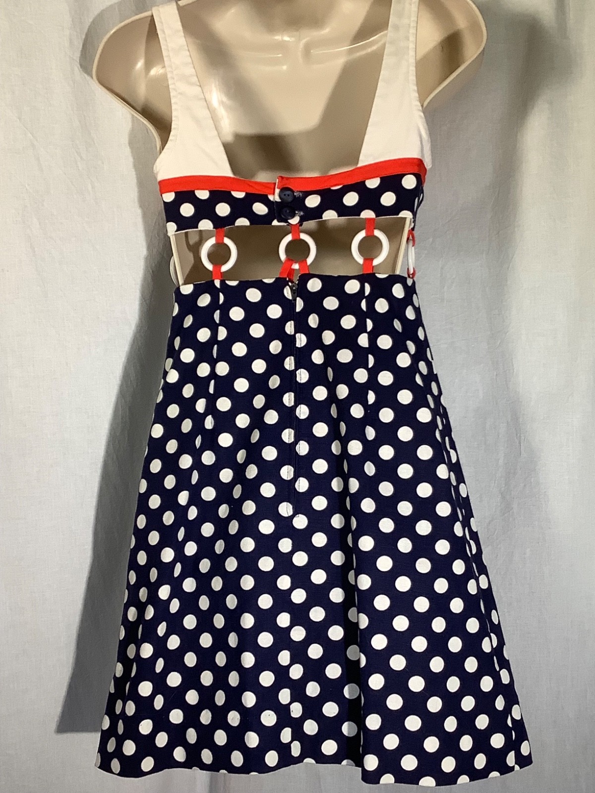 Vintage ring Mini Dress 5 beach party 60s polka dot Midriff red white blue XXS
