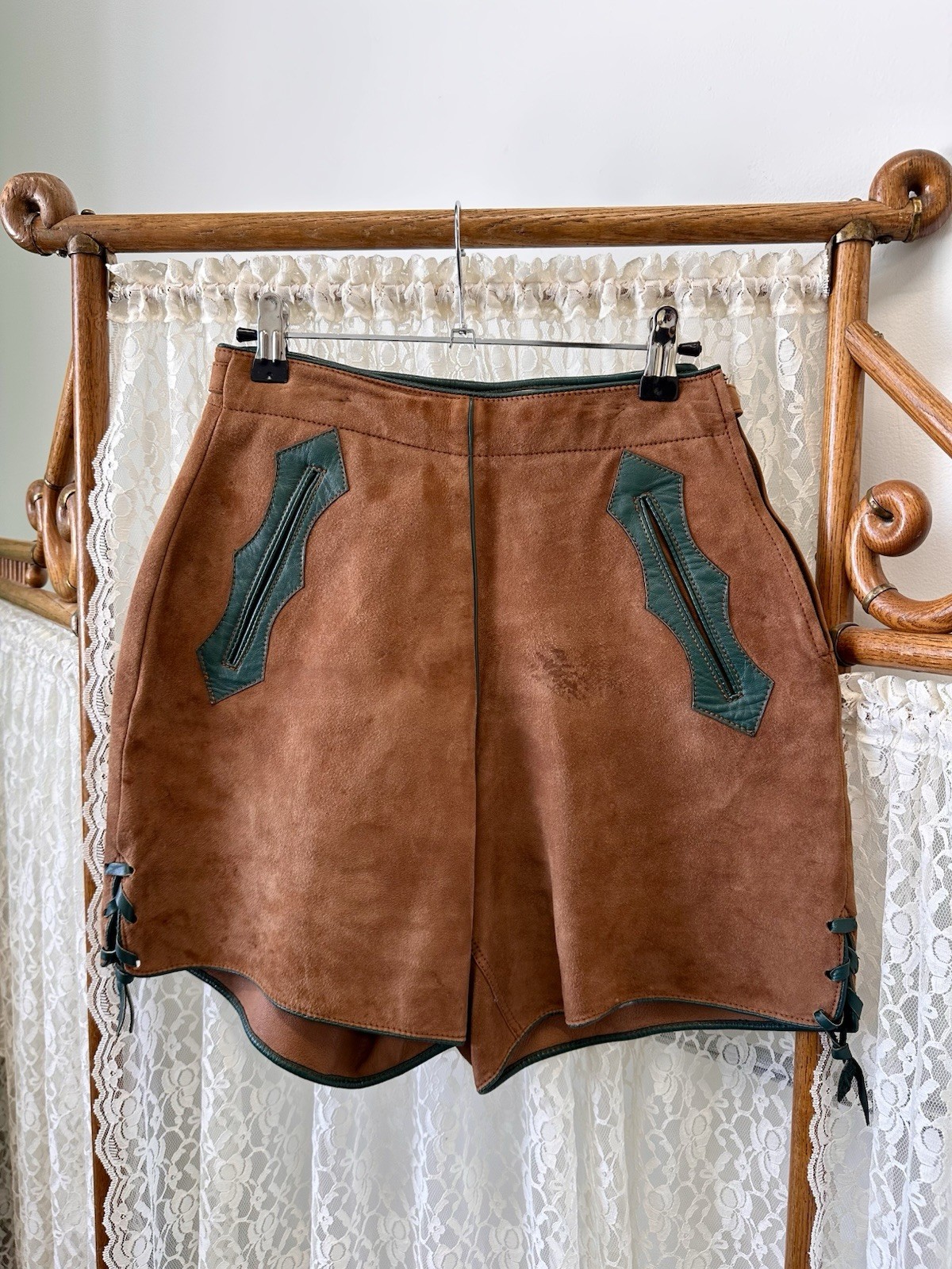 Vintage 1940s Leather Shorts Made In Germany Brown Green Side Buckles 25” Waist