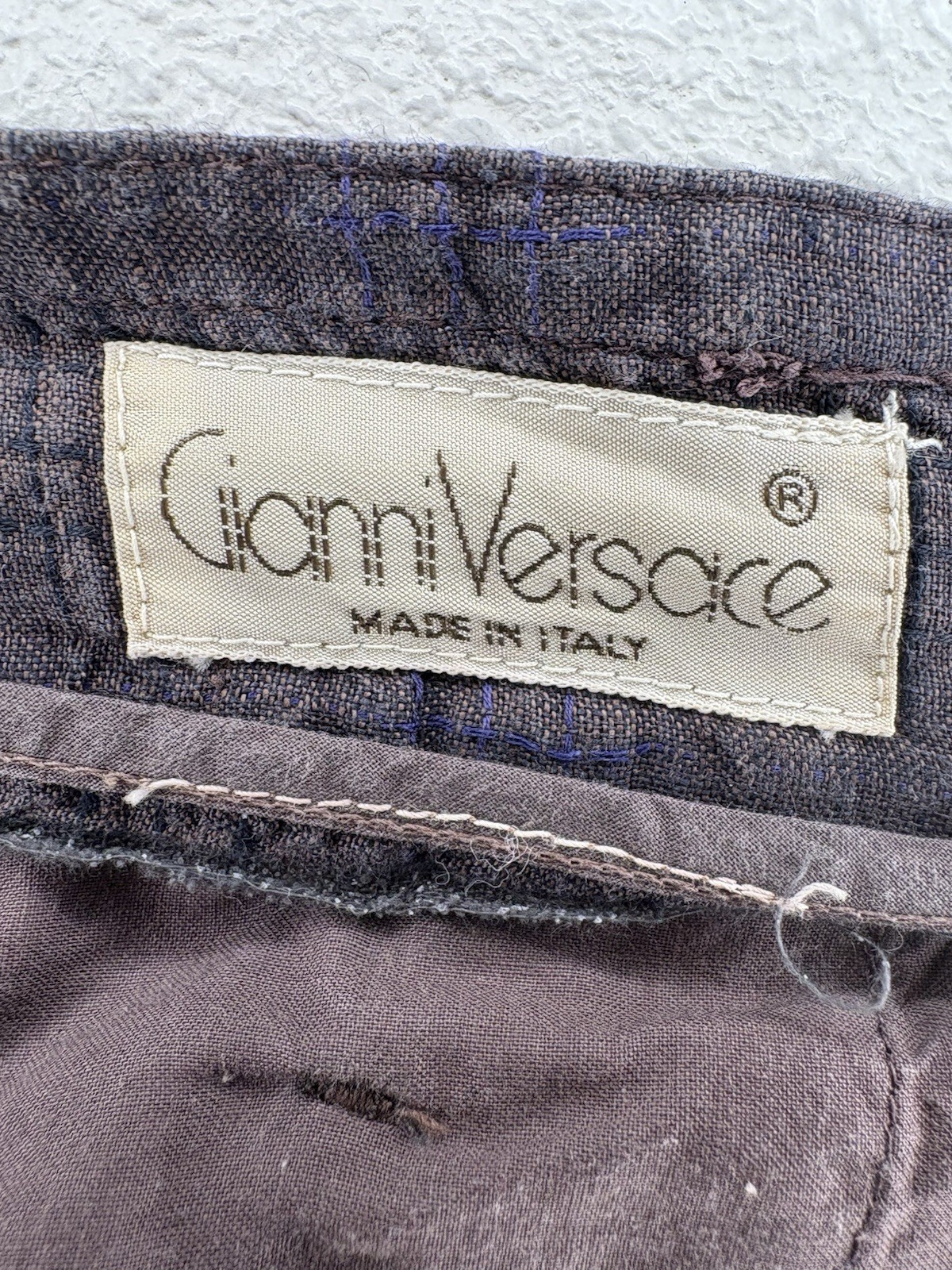 Vintage Gianni Versace Brown Blue Windowpane Pants Italy 25 High Rise Pleated