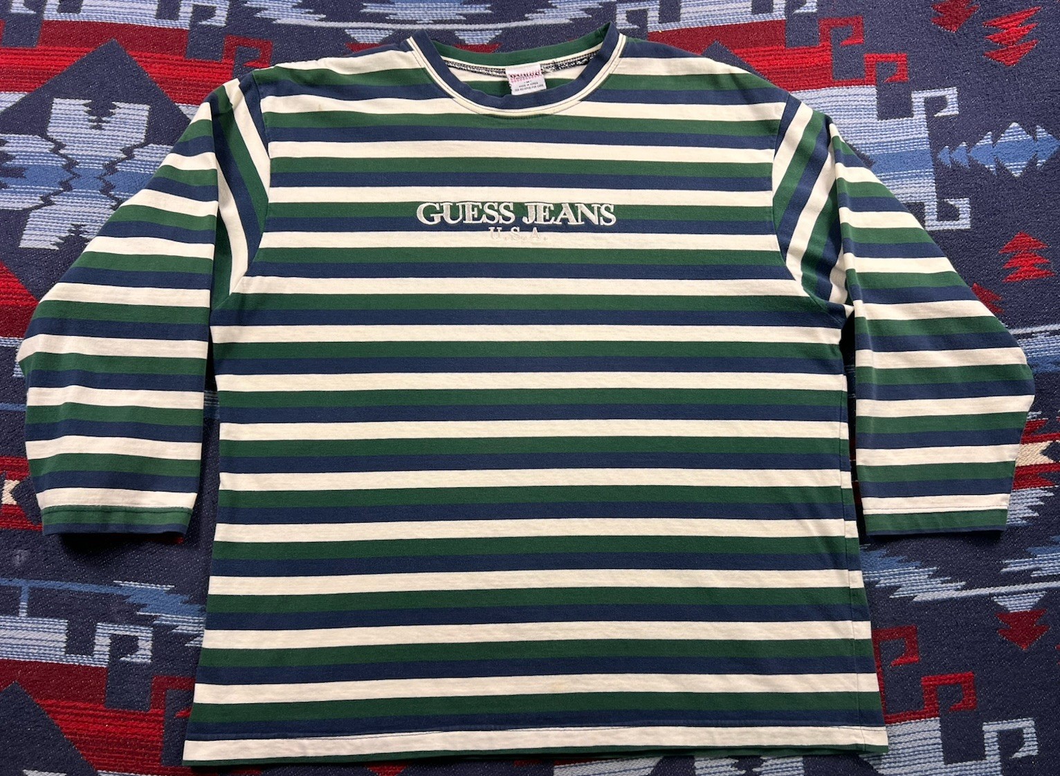 VINTAGE 90s Guess Jeans USA Shirt Adult M Green Striped Long Sleeve Spell Out