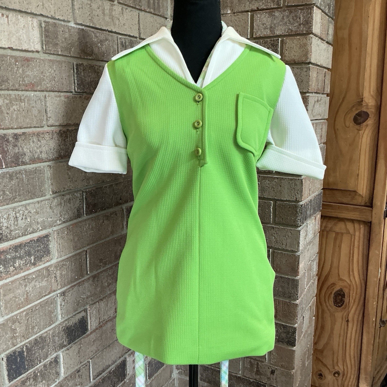 70s VINTAGE James Kenrob Dalton Lime Plaid 3-Pc Top Vest Pants Set Size S #28D8
