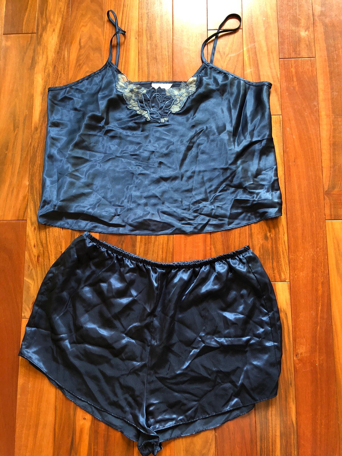 VTG INNER MOST Pajama Lingerie Short Set Navy Blue spaghetti strap top Sz L lace
