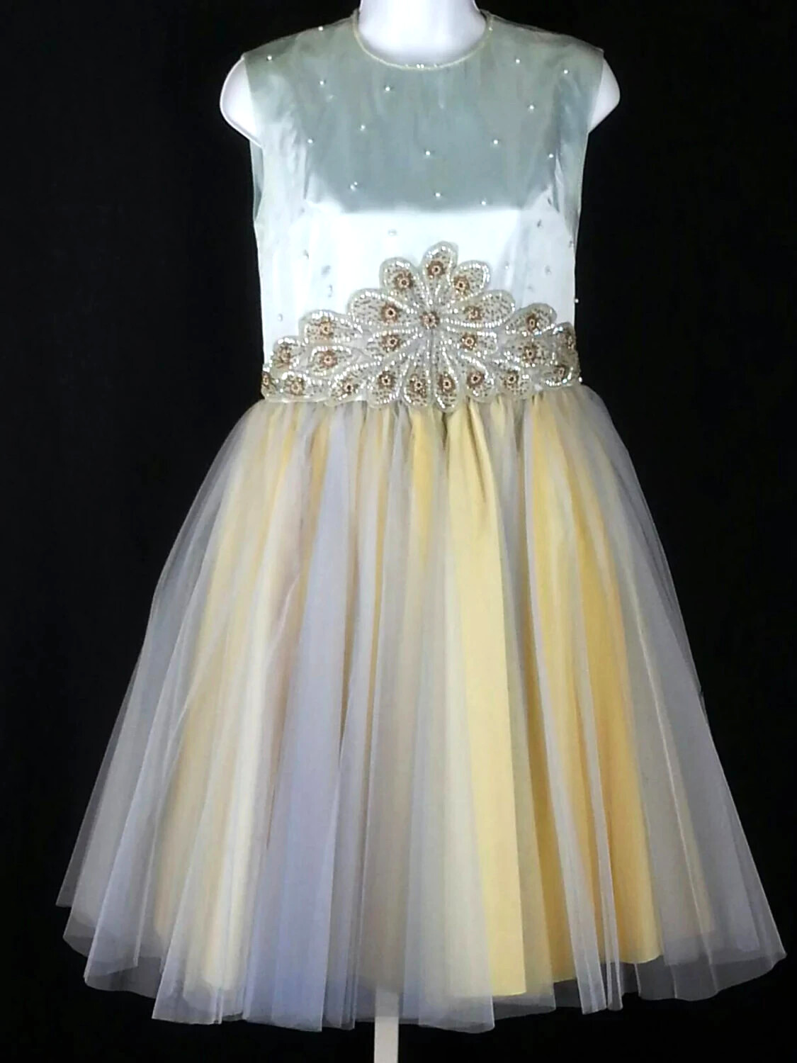 Vintage 50s dress or costume in satin & tulle layers beading Size XS chest 32