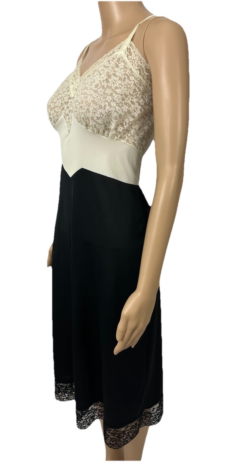 70s Vintage Full Slip Dress Van Raalte 36 Nylon Black & Ivory Lace Bodice & Hem