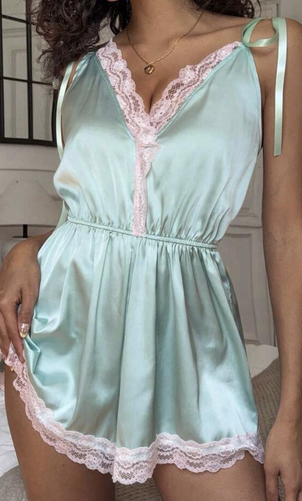 Sexy Mint Green Satin & Lace Lingerie Cami Romper TEDDY Bodysuit L NEW