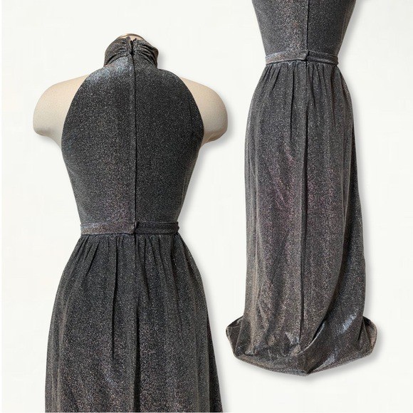 Vintage 1970s Silver Metallic Studio 54 Keyhole Jewel Belted Halter Maxi Dress