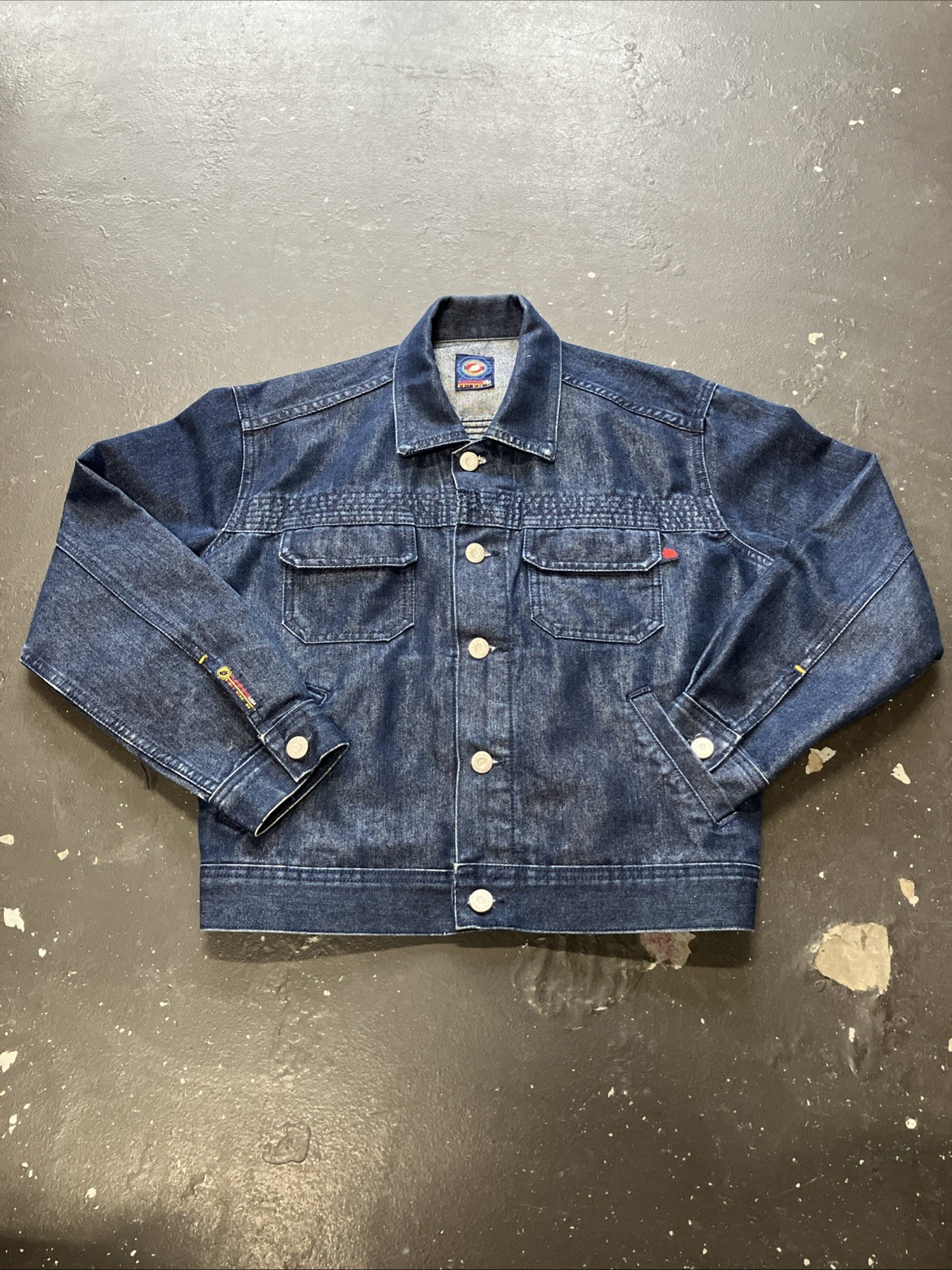 Vintage 90s Y2K Jnco Flamehead USA Dark Wash Cropped Denim Jean Jacket Women&rsquo;s L