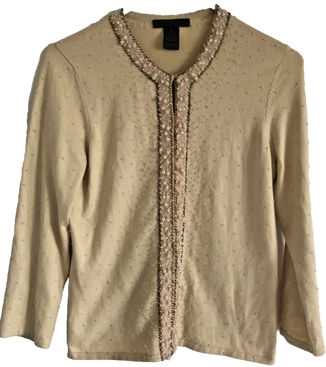 Beaded Gold Cardigan, Silk Cashmere Blend m, Chic Ornate layer Top Blouse Sweat