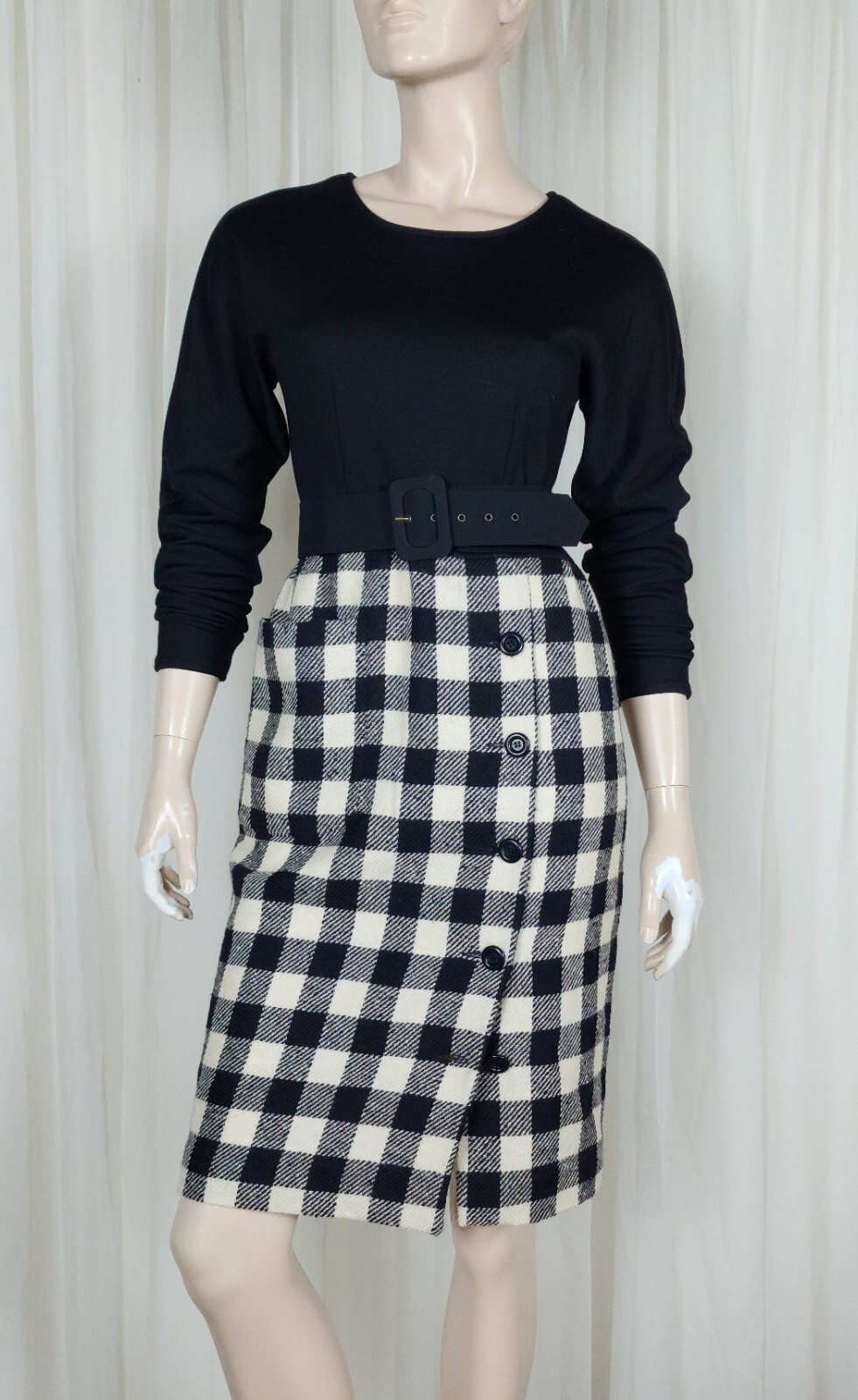 Vtg 80s Valentino Miss V wool check dress M/8 Black White