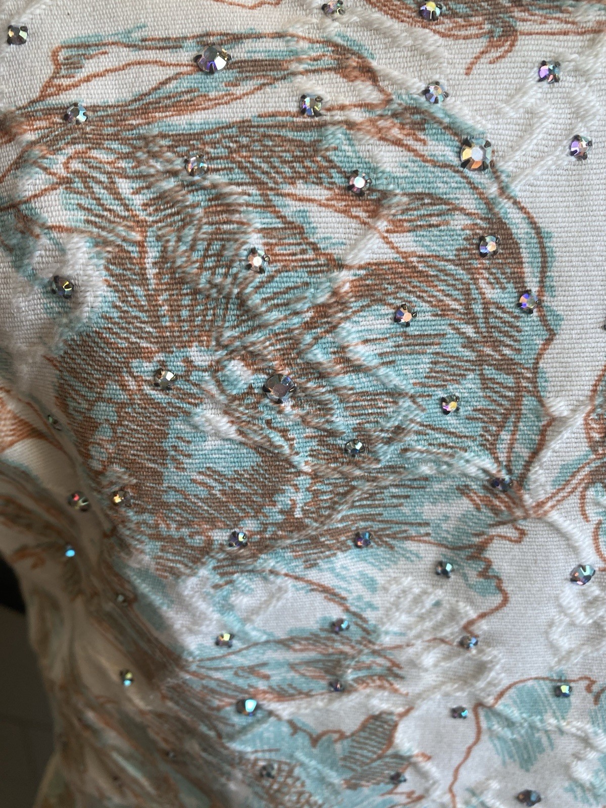 True VTG 1950s/60s Sequined All Over Floral Cocktail Dress Peach Ivory Aqua S/M