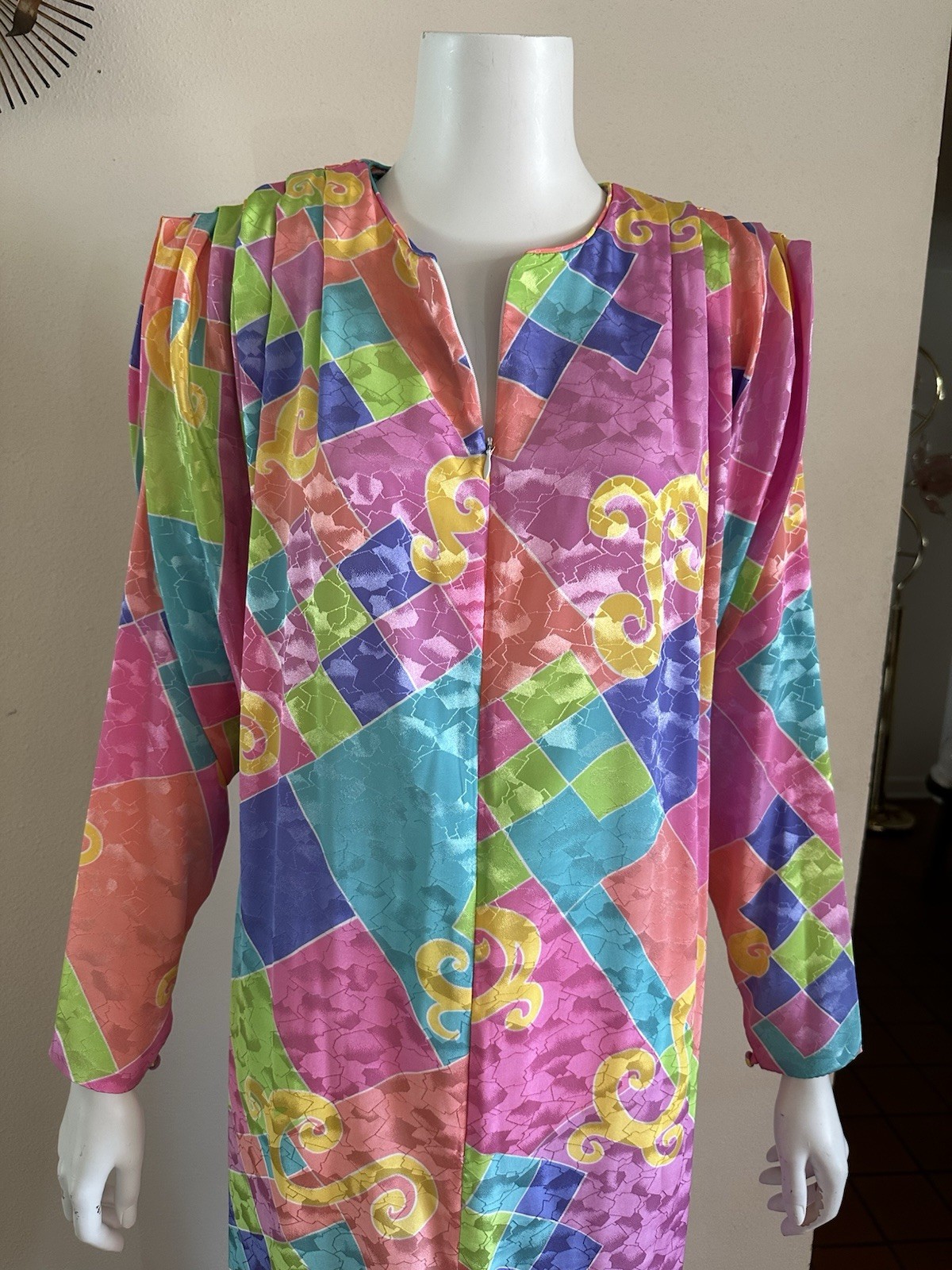 1980s David Brown Brocade Hostess Dress Maxi Resort Geometric Neon Deco Mumu VTG