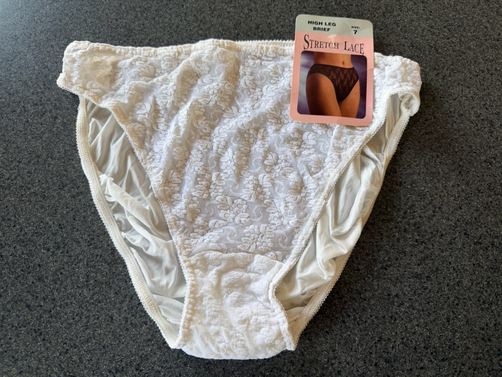 90’s Vintage White Panties Lace High Leg Brief Cotton Crotch SZ 7 Large