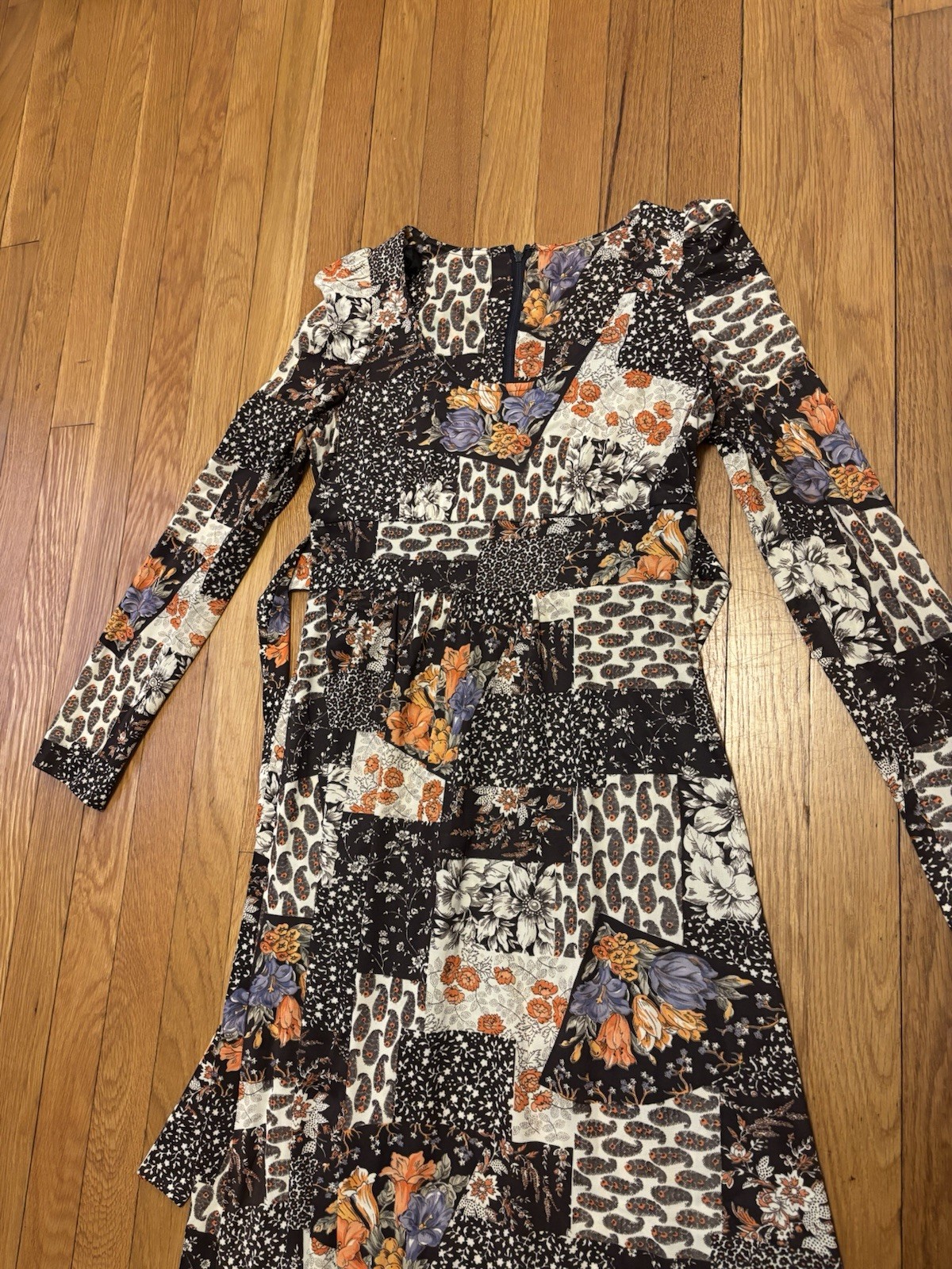 Vintage 70s Patchwork Boho Floral Empire Waist Maxi Dress Brown Long Sleeve S