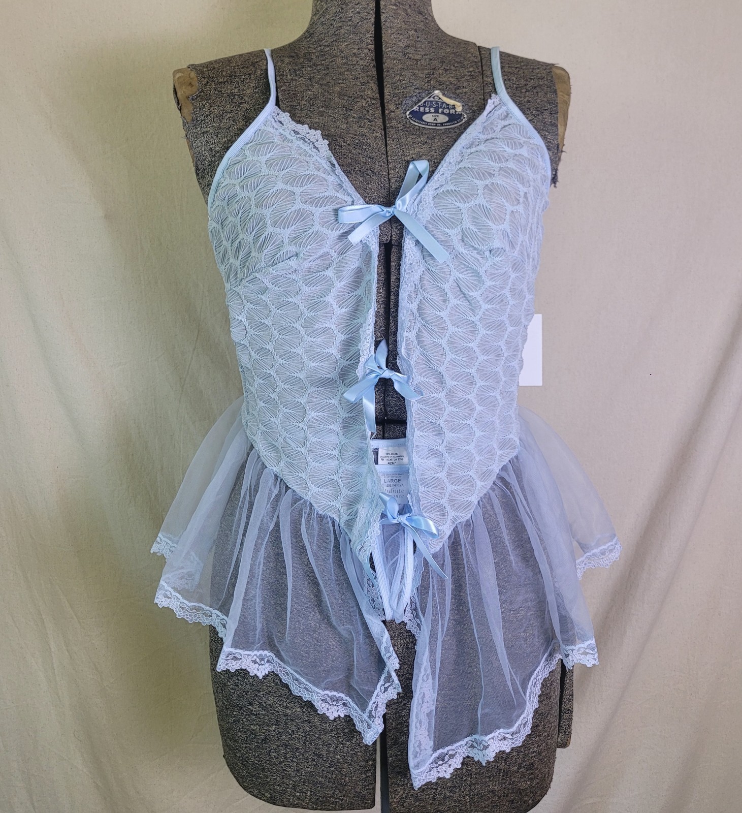 Vintage 90s Y2K Baby Blue Lingerie Set Flare Top Bustier Mesh Panties L Bow